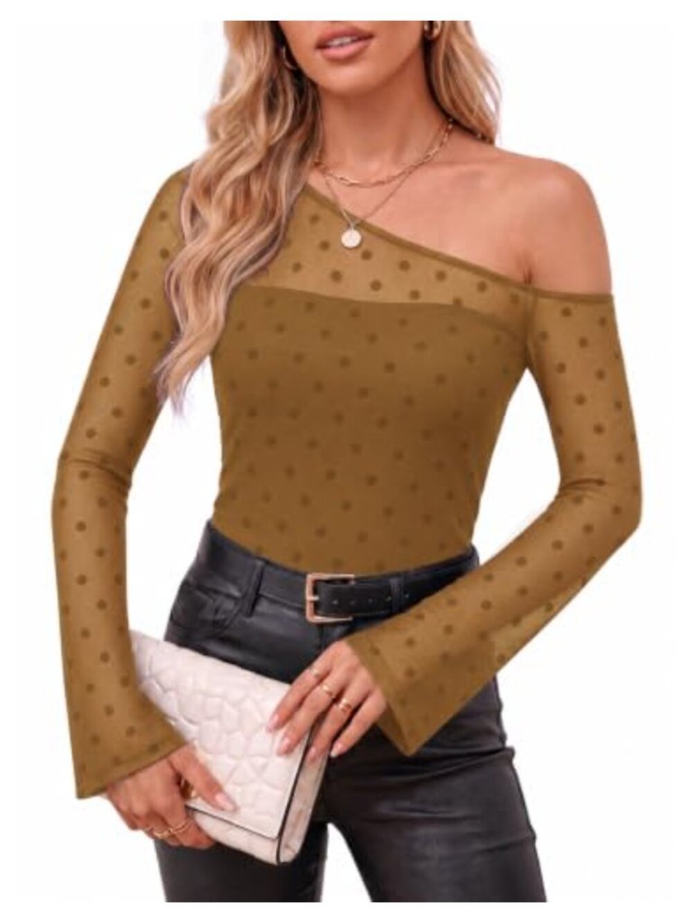 Womens Sheer Mesh Bell Sleeve Off Shoulder Asymmetric Going Out Top